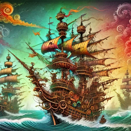 fantoria pirate ship on rough sea, colorful <lora:fantoria:1>