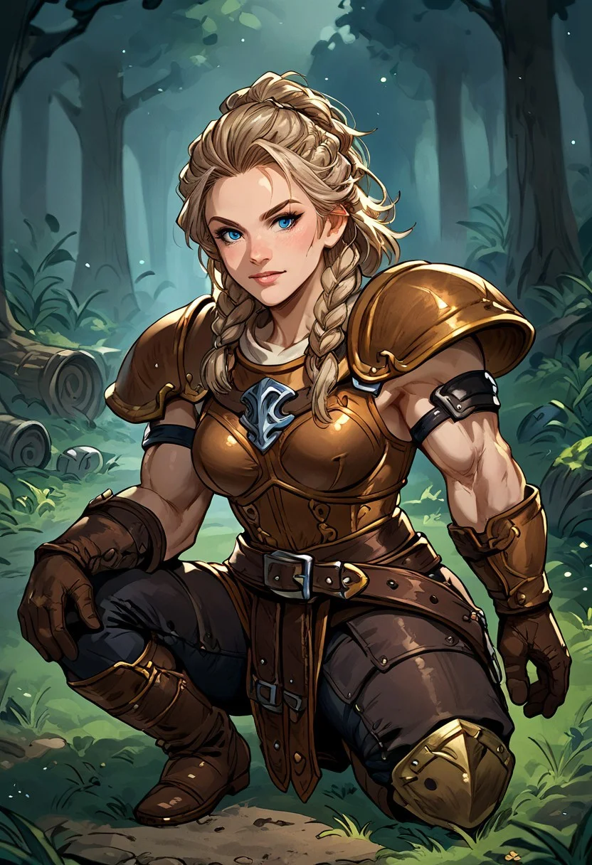 (score_9, score_8_up, score_7_up, source_anime, embedding:zPDXL, 1woman), solo, leather armor, dwarf, shortstack, mature, muscular, muscles, thick arms, broad shoulders, medium hair, light brown hair, braids, blue eyes, leather gloves, leather boots, outdoors, pants, kneeling on one knee, night time, dark forest, cgi, full body shot, Expressiveh, gbfpxnl, <lora:granblue_fantasy_v2:0.45>, <lora:Expressive_H:1>, negative_hand