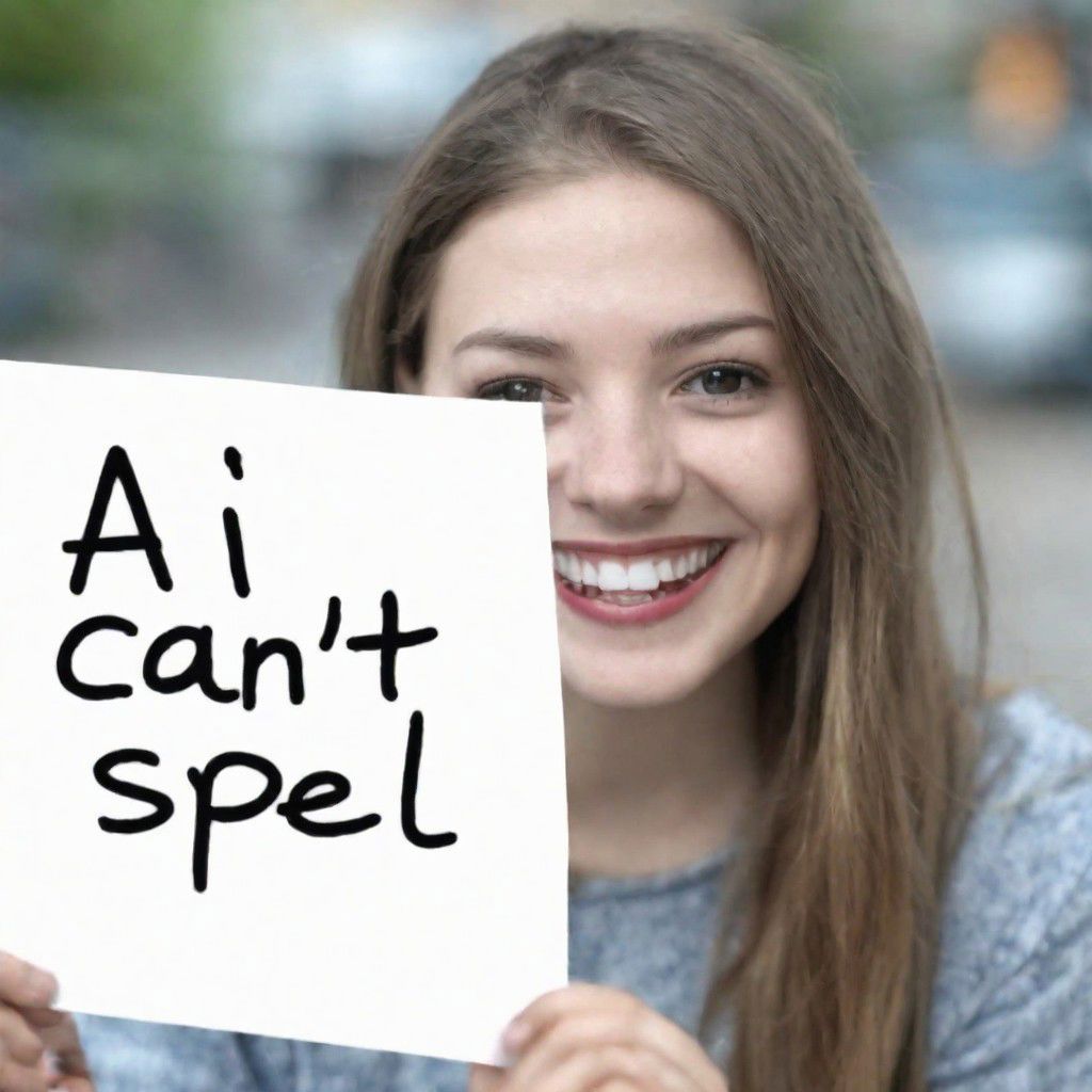 handwritten text "AI can't speel" on a piece of paper, cute young woman smiling, cross-eyed, silly face, bokeh