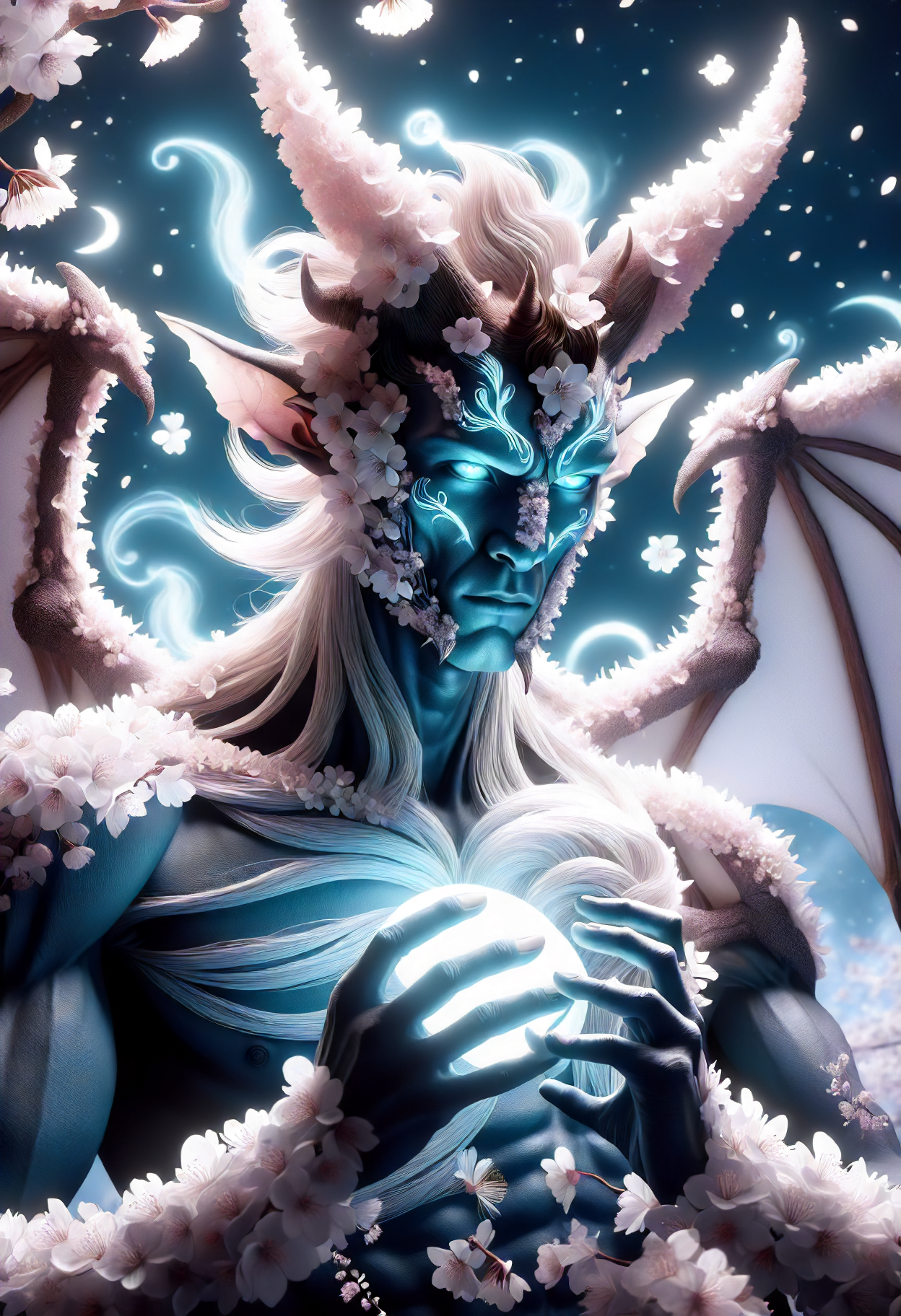DonMS4kur4XL,sakura blossoms, female incubus, malevolent male demon, humanoid appearance, attractive seductive demeanor, bat like wings, horns, clawed hands, hoofs, dark demonic hues, enticing, nighttime seduction, sexual nightmares,, adolescence, compact, native hawaiian, turquoise eyes, small ears, aquiline nose, receding chin,    rectangular face shape, elegant wrists,    , chestnut blunt cut hair, embarrassment, etheric resonance, hands forming an energy ball between palms,      arcanist, healing magic , astral projection, leaning backward, projecting consciousness, glowing runes   <lora:released\DonM3t3rn1tyXL-v1.1-000008:0.8><lora:myLora\DonMS4kur4XL-000006:0.8>