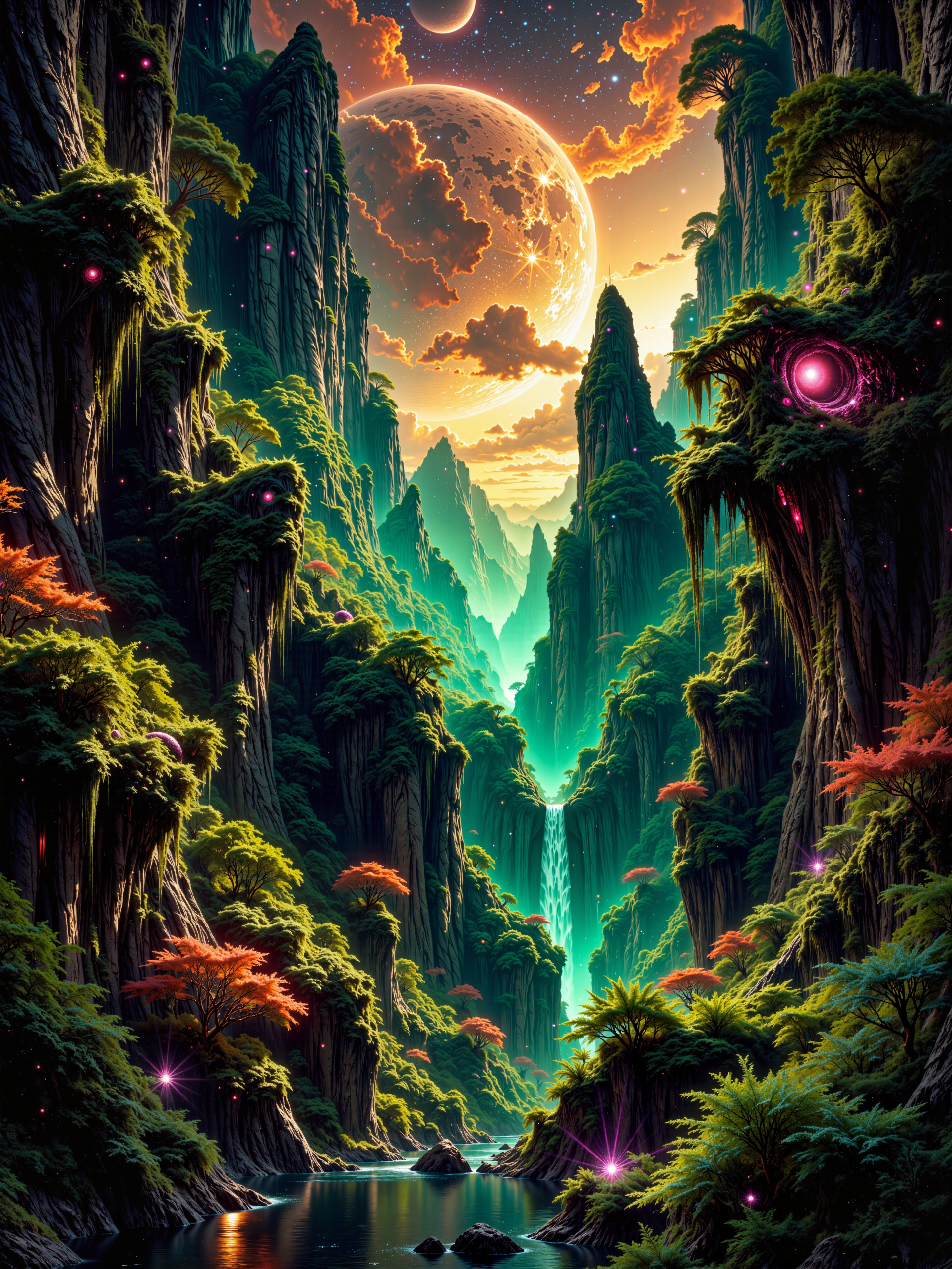 dense jungle, famous artwork, dramatic and epic landscape at night, ultra-high-resolution, 8k, 4k, dim lighting, science fiction fantasy alien landscape digital painting, an otherworldly jungle valley unfurls under a galactic night sky, vast and vibrant with impossible flora, the terrain dips into a narrow ravine lush with towering, ancient trees of twisted dark bark, their trunks draped in mats of bioluminescent moss, spore-laced vines, and delicate glowing herbs, their canopies rising like cathedral vaults into the starlit air, below, a dense forest floor pulses with strange life, where enormous fern-like fronds coil outward like spiraling sea creatures, and surreal, plant-like organisms bloom with translucent pods and fruits shaped like eyeballs, faintly glowing in pinks, greens, and purples, a slender, winding stream cuts through the valley floor, its surface catching the glow of distant nebulae above, casting dancing reflections onto slick rocks and alien roots, the sky above is dominated by a massive, swirling galactic nebula in colorful hues and two detailed, otherworldly moons, their craters stark and luminous against the heavens, shot from a slightly elevated perspective to capture the scale and curvature of the valley, revealing the streamâs winding course, the depth of alien vegetation, and the majesty of the sky, dramatic, high-contrast lighting highlights bioluminescent textures and shadowy undergrowth, with soft ambient glow from the nebula casting a surreal and mystical tone across the landscape, high-resolution matte painting style, with layered atmospheric perspective, deep color saturation, and fine brushwork, lime green and jet black and sunset orange and deep blue, ovg, bo-bioluminescent, bioluminescent, artilands02, james webb space telescope, cosmology, spiral galaxy, galaxy, nircam, cosmic cliffs, carina nebula, star birth, rho ophiuchi, orion nebula, ngc 1672, ngc 3627, ngc 3351, ngc 1566, ngc 4254, ngc 3132, ngc 4303, ngc 5068, <lora:james_webb_space_telescope-flux-by_motimalu:0.4> <lora:style-fantastic_landscapes-v2-flux-by_artifyai:0.48> <lora:style-bioluminescent_dreams-flux-by_bo4rsworld:0.56>