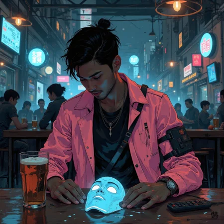 In the style of ck-sfc
In the center of this bustling cyberpunk district, is the hacker SchizoNomad and his pink coat. A good looking Haitian man. 24 yo. clean shaven,
The camera focuses on his young, yet sharp features as his breath comes in shallow gasps. His eyes are wild, a mixture of confusion and clarity, their intensity framed by a broken nose. There is a digital face mask in front of him on the bar, constantly shifting, distorting, as if unable to stay fixed. Its light blue and pixelated. Mask itself flickers (light blue:1) with glitches, He is not wearing a mask.
He is sitting in a bar holding a beer, trying to compose himself. He got a pink coat, multiple necklaces, fatigues and combat boots. He got a keyboard in a sling.
A strange, eerie light pulsates from the background, hinting at broken neon signs and distorted reflections, as if his very presence distorts reality around him. His long pink coat, still and torn in places, hangs loosely around his body, its vibrant color dimmed by the shadows that now consume him.