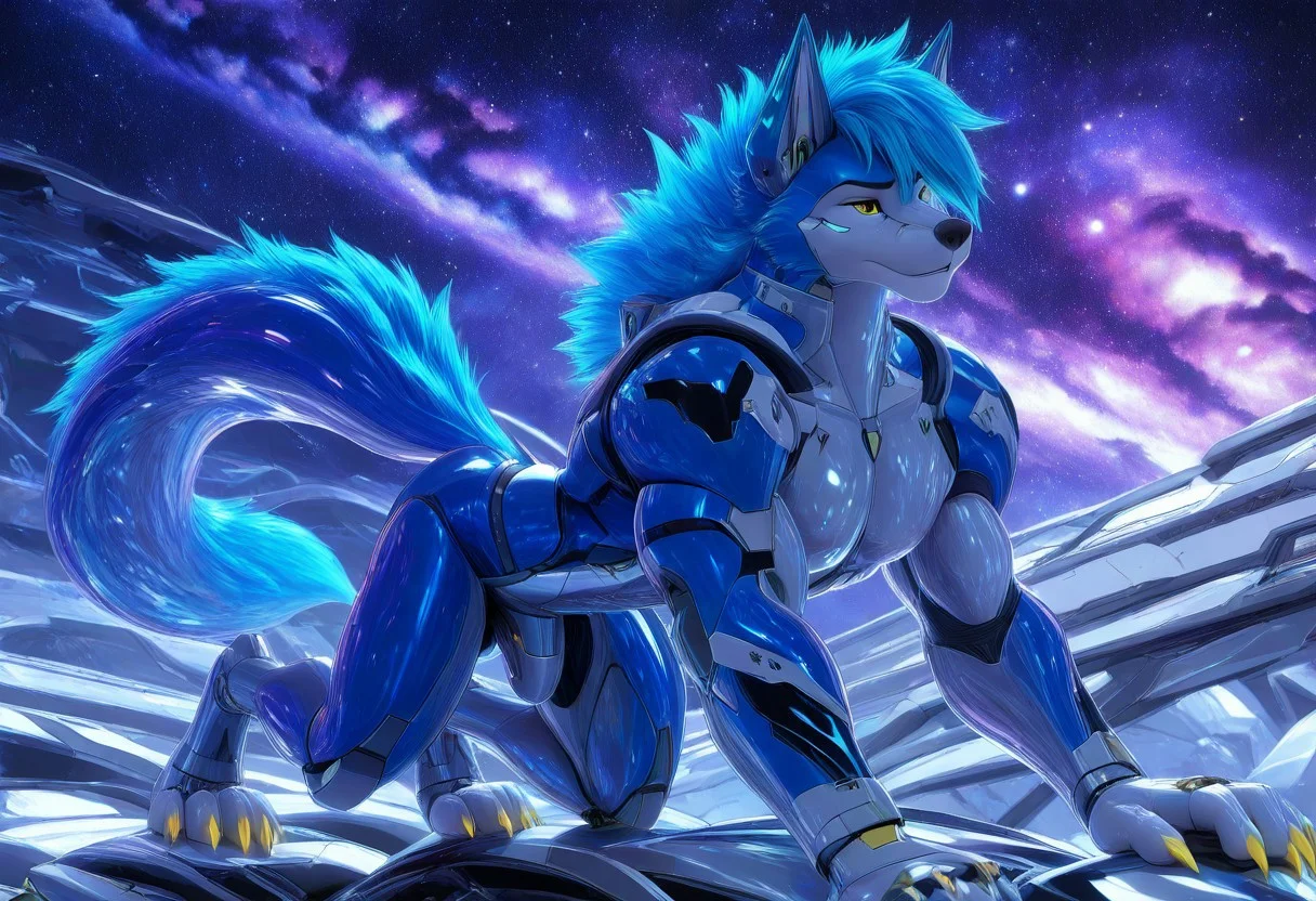 Magnificent picture of perfect anatomy, furry, male, Wolf, fluffy fur, fluffy, furry body, Yellow Eyes, Black pupils, Animal ears, Wolf Ears, black tip ears, ((Blue Body Fur)), Fluffy tail, wolf Tail, ((Blue Tail Fur)), ((White tip Tail)), midnight_lycanroc head, multicolor hair, long hair, Blue hair, long fluffy mohawk hair, (long peak finish:1.3), (Aqua peak finish:1.3), ((Navy Blue Highlights)), white Muzzle, white forearms, ((Black stripes:1.5)), ((arms stripes:1.5)), ((legs stripes:1.5)), Whiskers, perfect Hands, ((animal feet)), ((white Toes, 4 toes)), ((white Soles)), ((Pink paws)), (Sharp claws:1.3) ((yellow claws:1.2)), ((White torso)), Well-proportioned body, Thick Black eyebrows, well-toned, masterpiece, best quality, perfect anatomy, hi res, shaggy, Adult Male, Ultra-clear, 64K, cute_fangs, Beautiful and attractive wolf, Fursuit Furry, Fursuit, Furry universe, SD Dream World, Anthem, Second Era Animals, Future technology, science fiction, CG fantasy, Silicon-based Furry, Silicon-based Animals, (Realistic eye details:1.2), (beautiful detailed eyes), anime character there is a Wolf male a rainbow colored with rainbow teal armor, rainbow colored cosmic nebula background, stars, galaxies, perfect anatomy, realistic anatomy, full body like, Furry Cyberpunk, Canine paws, digital pads, metacarpal pad, 4toes, claws, detailed paws, [color] paws, eye_focus, close-up, solo, looking_at_viewer, Mixed Style, Furry,