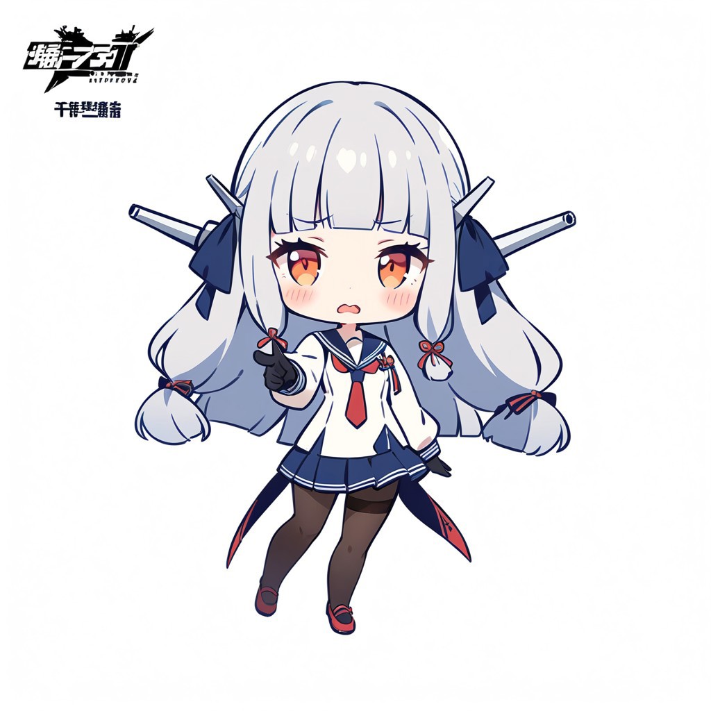 masterpiece, best quality, very aesthetic, absurdres, 1girl, solo, long hair, looking at viewer, blush, open mouth, bangs, simple background, gloves, white background, dress, ribbon, full body, hair ribbon, grey hair, pantyhose, sidelocks, necktie, shoes, blunt bangs, chibi, orange eyes, black pantyhose, headgear, wavy mouth, pointing, red necktie, machinery, sailor dress, thighband pantyhose, tress ribbon, turret, murakumo \(kancolle\), murakumo kai ni \(kancolle\)(simple retro design, logo, manga style, 2tone),