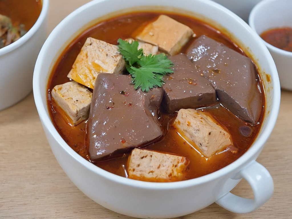 A high-resolution, hyper-realistic image of a cup of maradofu, a unique delicacy in Taiwanese cuisine. The dish features cubes of duck blood and tofu, cooked in a savory broth and garnished with fresh herbs. The duck blood has a rich, dark color and a smooth, jelly-like texture, while the tofu is soft and creamy. The dish is served in a traditional ceramic cup, placed on a rustic wooden table. The scene is set in a cozy Taiwanese kitchen, with all elements in sharp focus, creating a clear and detailed image. The lighting should be warm and inviting, highlighting the appetizing qualities of the maradofu and the homely atmosphere of the setting, <lora:maratofu:0.8>