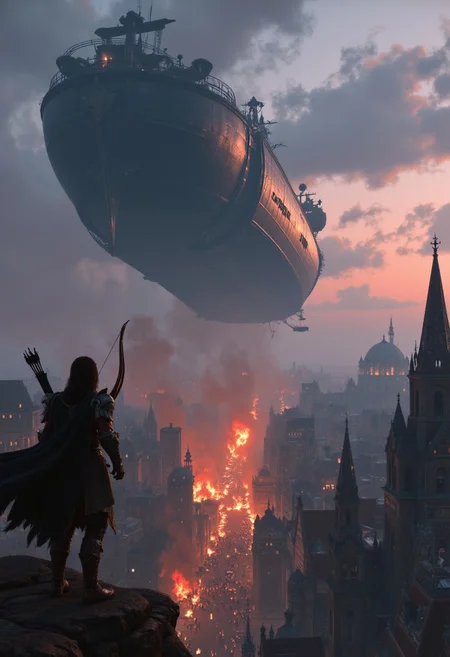 A lone ranger stands at the edge of a cliff, aiming their bow at a titanic airship looming overhead. The angle tilts dramatically, showing the burning city below, its streets filled with panicked civilians as enemy troops descend from the sky. The ranger exhales, drawing back an arrow crackling with magic, knowing they have only one shot before the invasion reaches its peak.
, aidmabaldursgate3, aidmafluxpro1.1