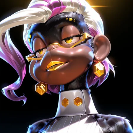 masterpiece, best quality, amazing quality, very aesthetic, absurdres, newest, scenery, volumetric lighting, perfect eyes, ultra detailed,
1girl, furry, monkey furry, black fur, pompadour, white hair, short hair, pink and purple hair highlights, gold eyebrow piercing, gold glasses, gold lips, gold earrings, gold eyes, empty hands, monkey nose, long arms, purple tail, bedroom eyes, aroused, chrome_core_style,