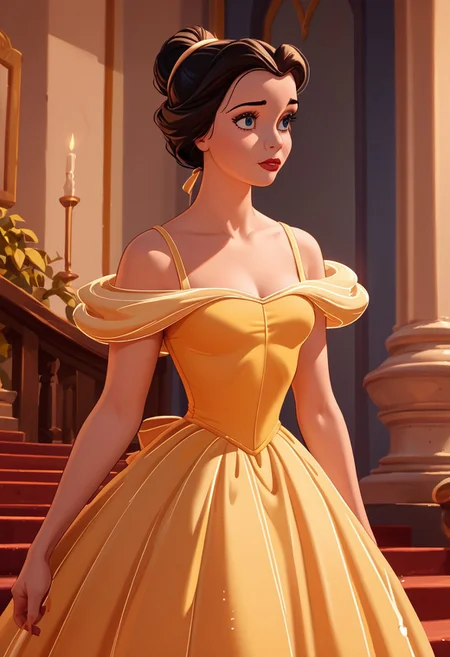 score_9, score_8_up, score_7_up, score_6_up, score_5_up, score_4_up, 1girl, Belbeaut, yellow dress, ballroom