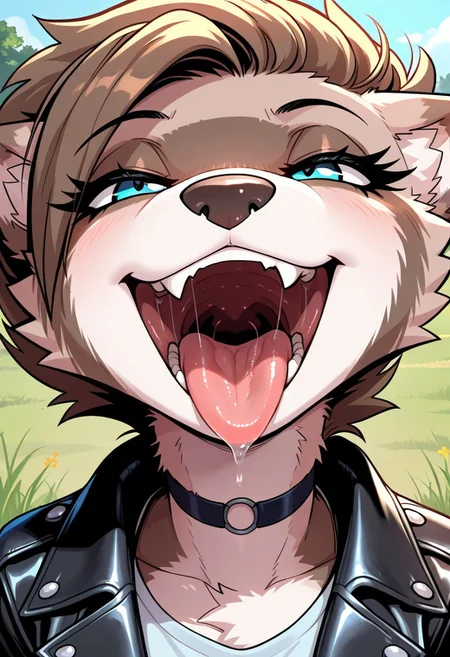 masterpiece, best quality, very aesthetic, absurdres,
outdoors,
upper body, headshot,
t-shirt, leather jacket,
seductive smile, smile, smirk, grin, mouth shot, mawshot, open mouth, vore, imminent vore, oral invitation, saliva, tongue, throat, long eyelashes, face focus,
<lora:MiX_v01_NAIXL:1>
M1x,1girl,solo,furry,furry female,brown hair,short hair,blue eyes,snout,animal nose,fang,choker,body fur,two-tone fur,browm fur,claws,white fur,