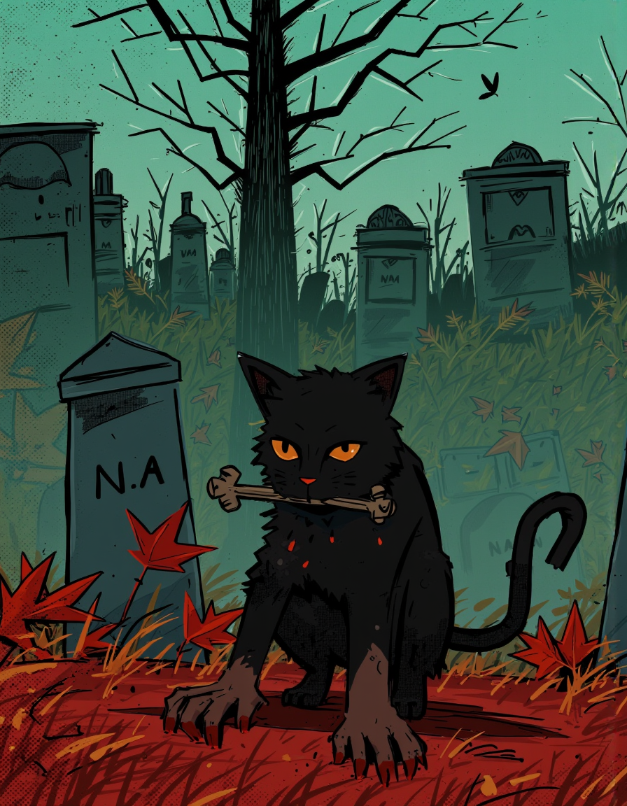 By Alex Vede. A spooky digital illustration shoot from a front camera angle about a black cat standing amidst a graveyard filled with tombstones and autumn leaves, menacingly holding a bone in its mouth. the image features a large, menacing black cat with orange eyes, standing in the middle of the image. the cat appears to be in a state of disarray, with its claws outstretched and blood dripping down its face. the background features a graveyard with gravestones and bare trees, with a greenish tinted sky above. in the foreground, there are red leaves scattered around the cat, adding to the eerie atmosphere of the scene. the overall style is reminiscent of comic book art, with bold outlines and a dark, moody color palette.
solo, looking at viewer, yellow eyes, holding, full body, outdoors, tree, no humans, animal, blood, claws, animal focus, colored sclera, graveyard
camera_angle: from front, art_style: digital illustration, location: graveyard, background: gravestones with bare trees and a faint outline of a bird, text: NA, image_composition: middle, clothing: zombie-like clothing, hair_color: black, distance_to_camera: full body;full body, hair style: NA;NA, facial_expression: menacing;sad, action: standing, accessory: holding bone in mouth, pants: NA
1other: standing in a graveyard, eye_direction: looking to the side;looking at viewer;looking up, race: black cat, shoes: no human;no human, ear: cat eye color: orange, body: slim;slim, gender: 1cat;1cat