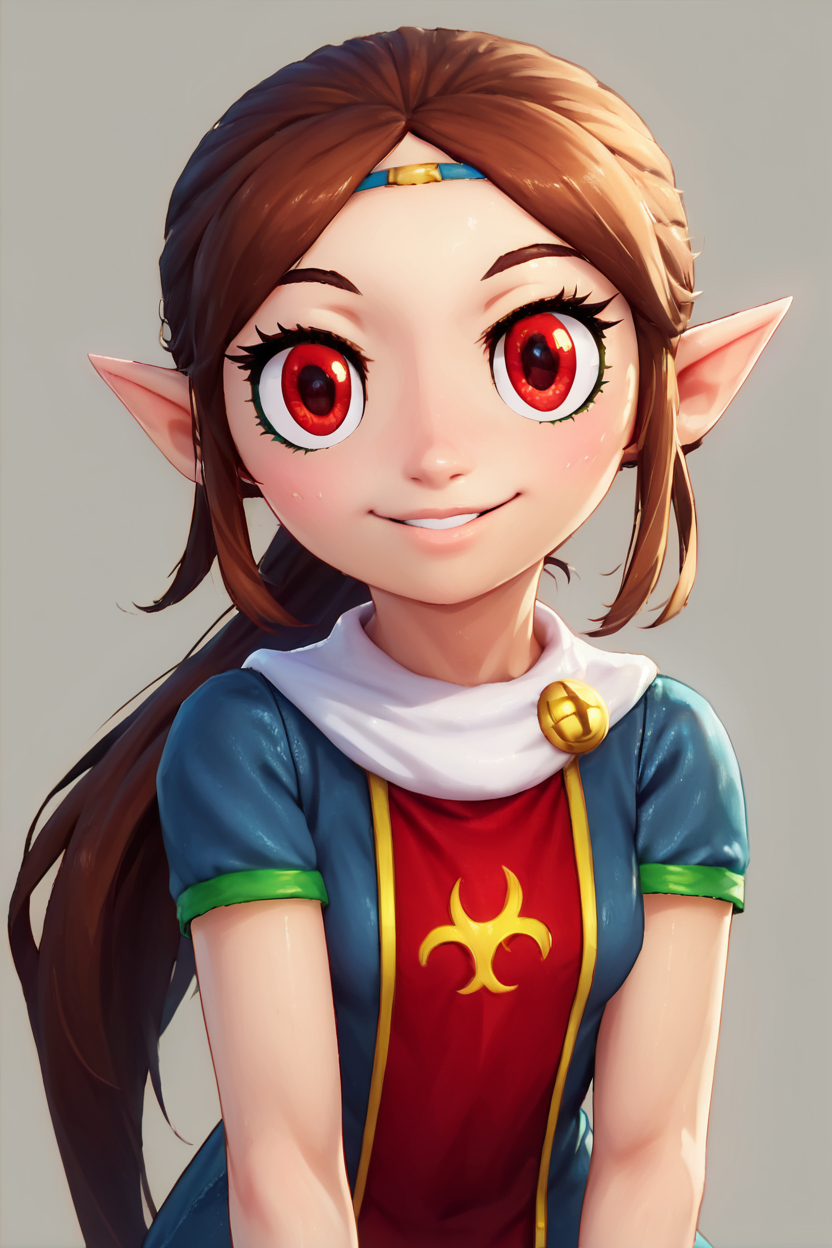 score_9, score_8_up, score_8, medium breasts, (curvy), cute, eyelashes,       BREAK, ,  <lora:MedliZelda_PDXL_v2:0.8>,  zzMedli, solo, 1girl, brown hair, pointy ears, bird, long hair, long hair, red eyes, ponytail, blue dress, red tabard,, BREAK, looking at viewer,  smile, upper body, leaning forward, head tilt,  embedding:zPDXL, Expressiveh, <lora:theButcherXPDXL:0.7>, <lora:CatalystStylePDXL:0.6>,  <lora:SDXLFaeTastic2400:0.5>,  <lora:Expressive_H-000001:0.4>,