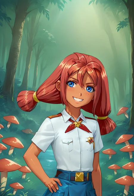 score 9, score 8 up, score 7 up, detailed background, shiny skin, UlyanaF, blue eyes, red hair, white shirt, blue skirt, petite, cheeky smile, flat chest,
 green forest, florescent cyan colored mushrooms, Amanita muscaria