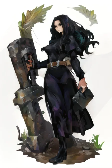 [inpainted faces] <lora:DragonsCrown-768:1>, woman standing, black hair, long hair