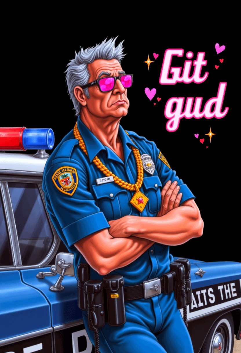 The image is a highly detailed, dramatic, and vividly colored drawing depicting a grizzled police officer leaning on his police car with a black background in sierrastyle. He looks disappointed with his arms crossed, and has text in pink bling style fancy girly font next to him that says "Git gud". He is wearing pink sunglasses and a large gold chain. There are hearts, glitter, and sparkles.