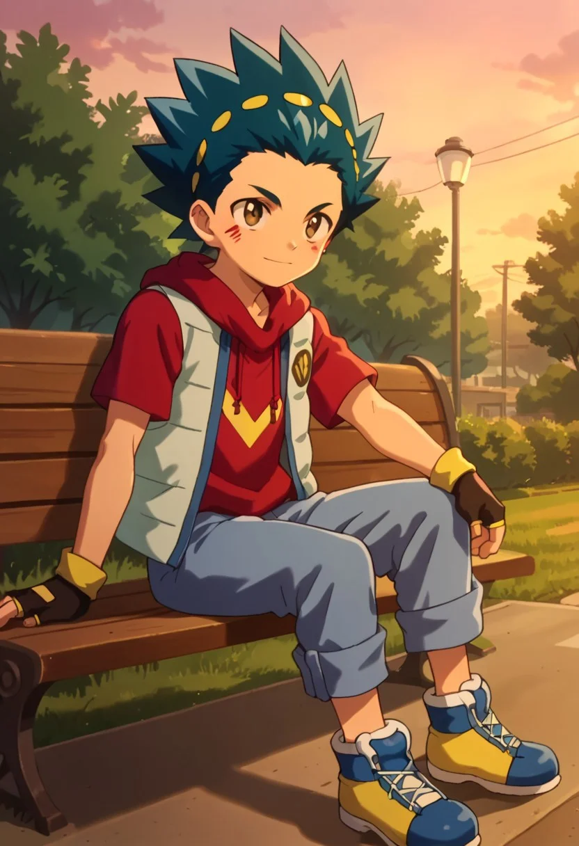 score_9, score_8_up, score_7_up, score_6_up, highly detailed,Good Colors, Glowing Skin, Good Shading, Good Eyes, Contrast Shading, 1boy,handsome boy, male focus, solo, slim, skinny, slim body, young man, correct anatomy, alone, no muscles, Valt, 1boy, male_focus, blue hair, blue and yellow headband, brown eyes, red facemarks, red hoodie, light blue body warmer, black and yellow gloves, blue pants, blue and yellow shoes, sitting on bench, park, sunset
