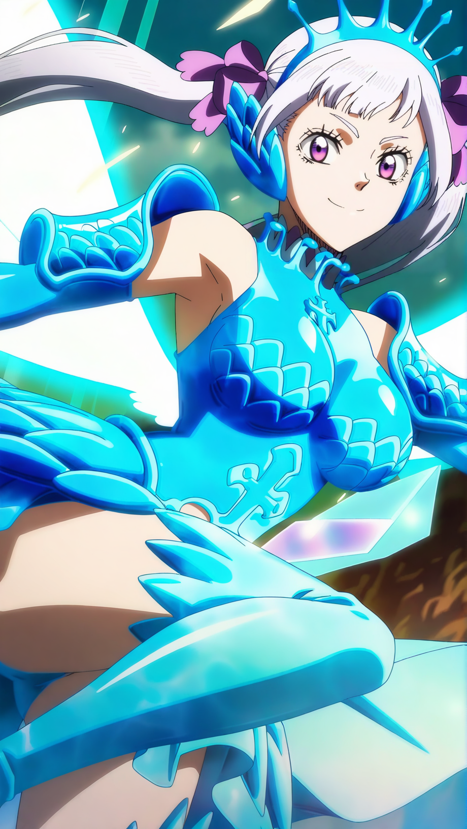 source_anime, masterpiece, best quality, amazing quality, anime screencap, high quality, 8k, absurdres, official style, 1girl, solo, <lora:Noelle_Silva_Spade_iL:1>, noelle silva, silver hair, spade arc, purple eyes, long hair, twintails, hair bow, purple bow, valkyrie armor, breasts, armor, crown, wings, thighhighs, gloves, boots, high heels, thigh boots, blue theme, elbow gloves, looking at viewer, smile,