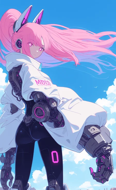 masterpiece, best quality, good quality, very awa, very aesthetic, absurdres, newest, 1girl, solo, long hair, looking at viewer, closed mouth, standing, pink hair, ponytail, ass, outdoors, sky, day, looking back, cloud, pink eyes, from behind, blue sky, floating hair, bodysuit, clothes writing, science fiction, mecha musume, mechanical arms, cyborg, single mechanical arm, mechanical ears, 240_mado,
Flatline, Flat vector illustration <lora:NOOB_vp1_detailer_by_volnovik_v1:0.3> <lora:NOOB_vp1_detailer_by_volnovik_v1:0.3> <lora:ponyv6_noobV1_2_adamW-000017:0.7> <lora:XXX667:0.4> <lora:checkpoint-e18_s306:1.2> <lora:240_mado_ill:1>
