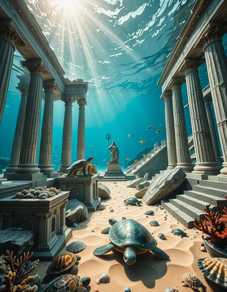 An ancient underwater Temple of Poseidon, partially buried in sand and coral at the bottom of the Aegean Sea. Massive marble columns, some broken, others still standing, encrusted with seashells and marine life. Soft sunlight filtering through the ocean surface above, casting shimmering rays over the temple ruins. Colorful fish and sea turtles swimming peacefully around. The atmosphere is mystical and serene, with a bluish-green hue dominating the scene. A statue of Poseidon with a trident stands at the center of the temple, covered in algae and marine growth. Realistic style, high detail, cinematic lighting, wide-angle view.
<lora:SDXLFaeTastic2400:0.4> <lora:extremely_detailed:0.4> extremely detailed,underwater Temple of P0s31d0n, <lora:underwater_Temple_of_P0s31d0n-i:1>, Masterpiece,best quality,hi res,8k,hi res,8k,award winning,(sharp focus, intricate, highly detailed),