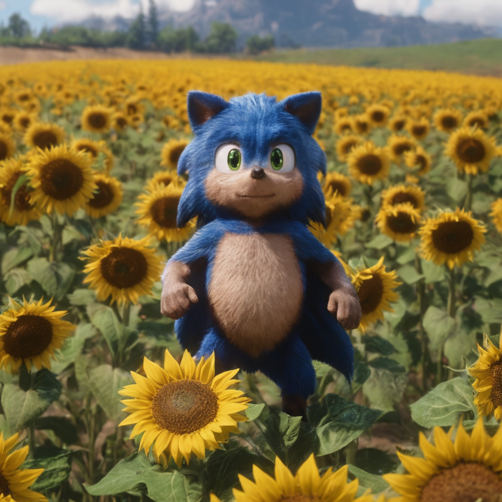 close-up baby sonic in a sunflower field, 8k uhd, dslr, high quality, rdr2game style <lora:RDR2V1.2-000012:1>