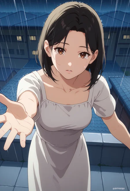 score_9, score_8_up, score_7_up, anime screencap, source_anime, 1girl, solo,
<lora:Acrobatic_Silky_Dandadan_V1:.85>, KJOsilky, black hair, brown eyes, mole under eye, medium hair, forehead,
white sundress, short sleeves,
from above, one outstretched arm, expressionless, parted lips, crying with eyes open, standing, one arm at side, looking at viewer,
rain, outdoors, night, rooftop, on roof,
(Beautiful, medium Breasts:1.2), mature female,