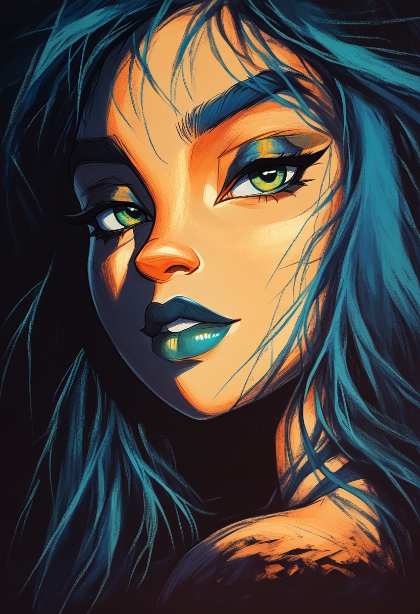score_9, score_8_up, score_7_up, score_6_up, beautiful, moonlight, , dark eyeliner, silver light shafts, dark background, close up, cool color palette, s1_dram, ncpy13 style, pastels drawing, kylie, 1girl, solo, blue hair, makeup, green eyes, long hair, lipstick,bare shoulders,
