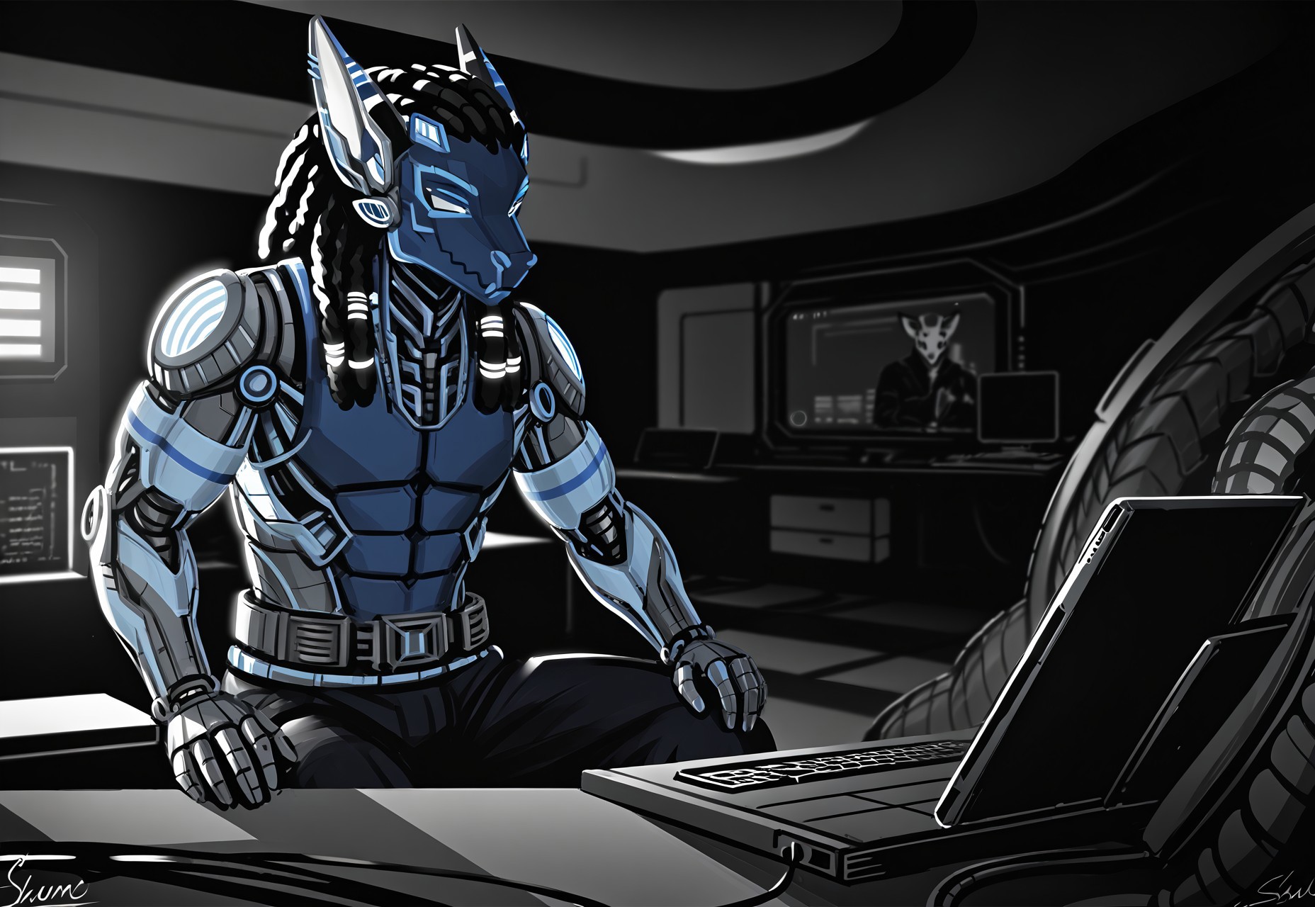 science fiction, cable, mechanical parts, volumetric_lighting, chiaroscuro_lighting, shaders, 1boy, (screen-face) (animal_ears),, interior,cyborg anthro gloss, lots of screens, sitting, tablet, computer, typing. metallic dreadlocks
