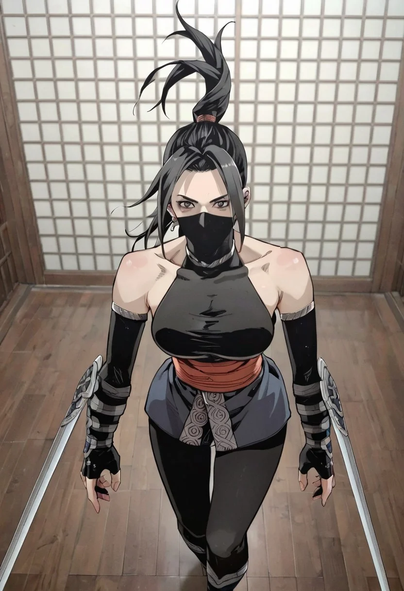 score_9, score_8_up, score_7_up, source_realistic, pov, close up, BREAK 1 girl, solo, huak bi, long hair, black hair, ponytail, ninja clothes, mouth mask, ninja mask, black crop top, bare shoulders, obi, elbow gloves, fingerless gloves, leather leggings , ninja boots, battle stance