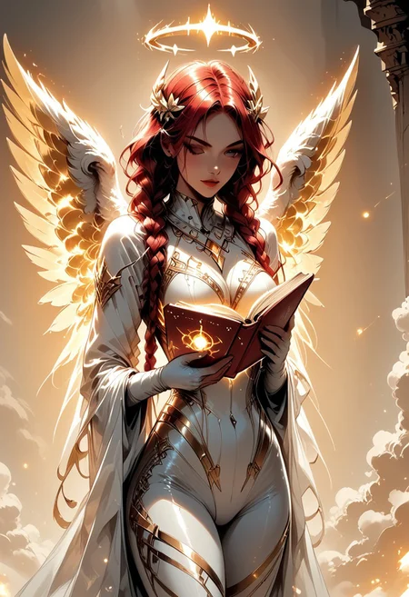 score_9, score_8_up, score_7_up, (Western Comics), a full body image of a sexy mechangel girl, caucasian, seductive, (glowing wings), solo, glowing armor, glowing halo, glowing mechanical 4 wings (hyperdetailed:1.15), detailed, light passing through hair, (ultra detailed, high quality texture), (sharp), (artistic image), 32K, 4K, ULTRA HD, small waist, large breasts, tight white bodysuit with, crop: -5, (3/4 portrait), wide view, ((her whole head and hair is visible)), zoomed out, ((wings completely visible)), (from thighs and up), wings folded along her body, cowboy shot, angelify, (monochrome background), (nothing in background), plain background, Long red hair in Double braids, wings fully visible, ((she is reading a glowing magical book)), hkmagic, holding a yellow glowing magical spell book in her hand