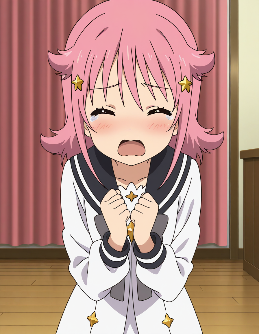 general,highres, ultra-detailed,very aesthetic,best quality ,best hands,  BREAK <lora:Subaru_Houkago_no_Pleiades_IS:1>subaru(Pleiades), 1girl, pink hair, short hair, brown eyes, star hair ornament, anime coloring,
tears, closed eyes, school uniform, open mouth, parody, long hair, blush, sailor collar, serafuku, braid,
room, flooring,curtain,