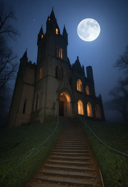 A grand, decaying mansion perched ominously on a hill, illuminated by the harsh glow of a full moon that bathes the scene in stark, silvery light. Fog rolls thickly across the ground, swallowing the path leading up to a rusted iron gate, whose twisted bars cast long, ominous shadows. The mansion’s towering silhouette is sharply defined, with broken windows glinting like hollow eyes and ivy-clad walls glistening under the cold moonlight.
Golden candlelight flickers sporadically from within, casting eerie shadows that dance along cracked walls and broken stone statues. The building’s gothic arches and pointed spires are etched dramatically against the night sky, their edges softened by tendrils of mist. Bare, claw-like trees frame the mansion, their shadows stretching over the crumbling steps, creating an atmosphere both hauntingly beautiful and menacing. The entire scene feels cinematic, as though the mansion itself is a character—a dark, brooding presence under the piercing, theatrical light of the moon.
