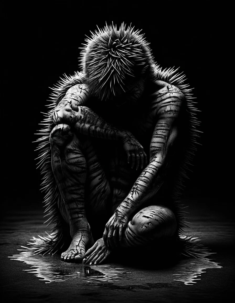 I feel the pain in the dark, depression, alone, full body, monochrome, pop of colors, extremely detailed, made out of ral-stkdrnrc <lora:ral-stkdrnrc:1>