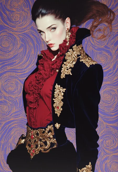 A high-resolution ArsMJStyle colored pencil hyper-detailed realism illustration of a gothic-inspired woman. She stands with an intense yet composed presence, her sleek, raven-black hair styled in a voluminous, wavy cascade that frames her alabaster skin. Her piercing amethyst eyes gleam with quiet defiance. She wears a fitted, deep burgundy silk blouse with a delicate ruffled collar, cinched at the waist with a corset-style belt, layered beneath a tailored onyx-black velvet jacket adorned with intricate gold and crimson filigree embroidery. The sleeves are elegantly tapered, emphasizing her slender yet poised arms. Her high-waisted obsidian trousers, decorated with baroque floral motifs in dark bronze, add a regal yet contemporary contrast. She exudes effortless confidence with one hand tucked casually in her pocket, while the other lightly brushes the edge of her jacket. Large, antique gold chandelier earrings and a subtle black choker with a ruby pendant complete her gothic elegance. Behind her, a mesmerizing backdrop of swirling, interwoven lines flows across a muted violet canvas, shifting in luminous shades of sapphire blue, deep copper, and faded rose gold. The fluid patterns create a dreamlike motion, harmonizing with her commanding presence. The intricate pencil strokes capture every exquisite texture, from the luxurious sheen of fabric to the delicate highlights in her cascading hair, blending gothic opulence with hyper-realistic artistry.