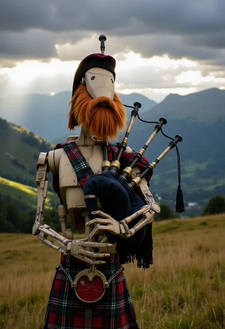 A B1 battle droid with thick, flowing red hair and a bushy red beard, dressed in a traditional Scottish kilt and stereotypical Scotsman gear, including a tartan tam o'shanter (Scottish hat), stands proudly in the Scottish Highlands. The droid is playing the bagpipes, its robotic arms elegantly holding the instrument. The epic, sweeping Highland scenery features rolling green hills, mist-covered mountains, and a dramatic sky with cinematic lighting. The scene is highly detailed and beautiful, with the sunlight breaking through the clouds, creating an almost magical atmosphere in 4K quality. The droid’s intense expression contrasts with the serenity of the surroundings, 7-B1