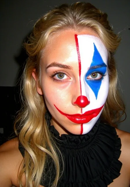 d1g1cam, Split-personality portrait, young woman, platinum blonde wavy hair, dramatic face paint split vertically, left side natural makeup, freckles, blue-green eye, right side clown makeup, white foundation, blue teardrop design, amber eye, red nose, red lipstick smile, black dividing line, black ruffled costume collar, front-facing pose, indoor cosplay shoot, dim room lighting, slightly blurry edges, amateur phone camera quality, uneven flash lighting, slight color saturation, visible digital noise, imperfect focus, home backdrop, typical smartphone HDR effect