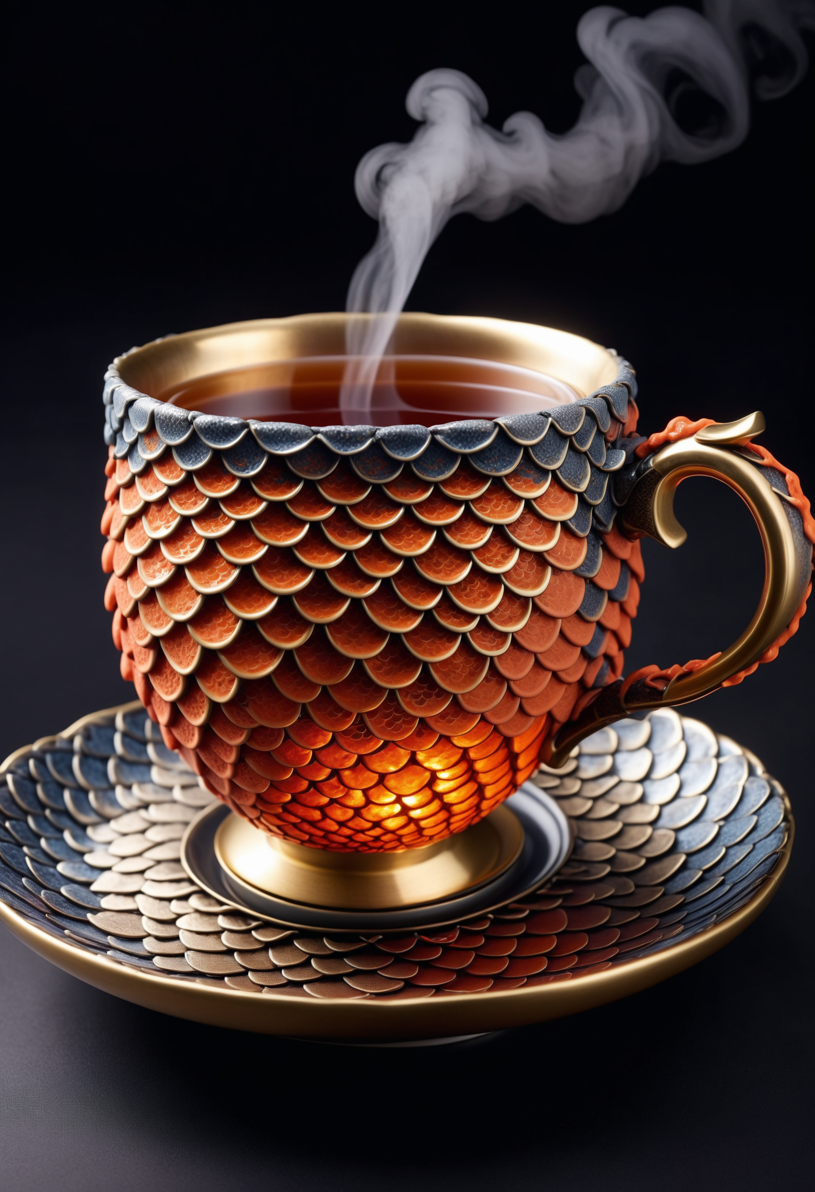 a tea cup covered in lava scales, steam <lora:dvrscls:0.8> drvscls