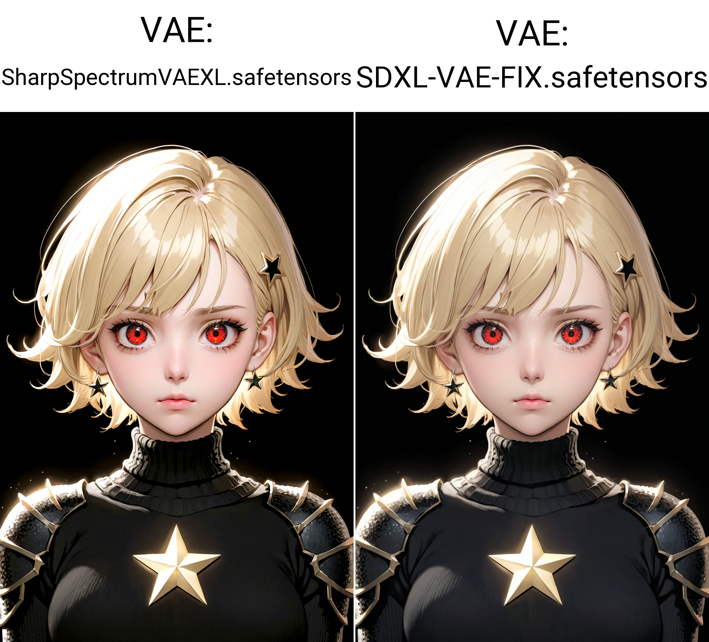 1girl,solo,red eyes,jewelry,earrings,looking at viewer,short hair,blonde hair,hair between eyes,black background,upper body,star (symbol),closed mouth,turtleneck,lips,black sweater,eyelashes,armor,sweater,shoulder armor,simple background,glint,breasts,sparkle
