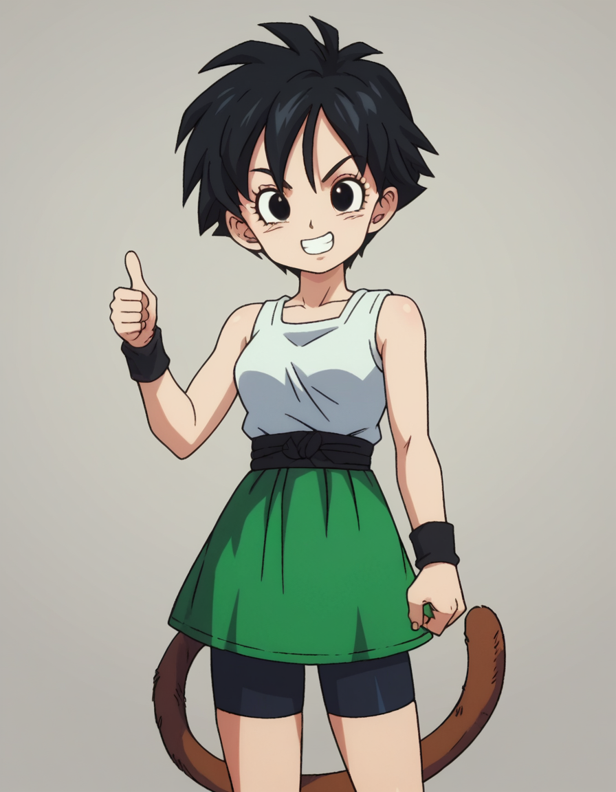 zPDXL, score_9, score_8_up, score_7_up, score_6_up, score_5_up, source_anime, 4k, absurdres, 1girl, solo
<lora:Broly_v1:0.8> dbsb, green dougi, bike shorts, black wristband, grin, thumbs up, black sash, sleeveless shirt, green skirt,, <lora:Parsleah_v1:0.7>  parsleahbase, black hair, short hair, black eyes, (monkey tail), small breasts, brown tail,