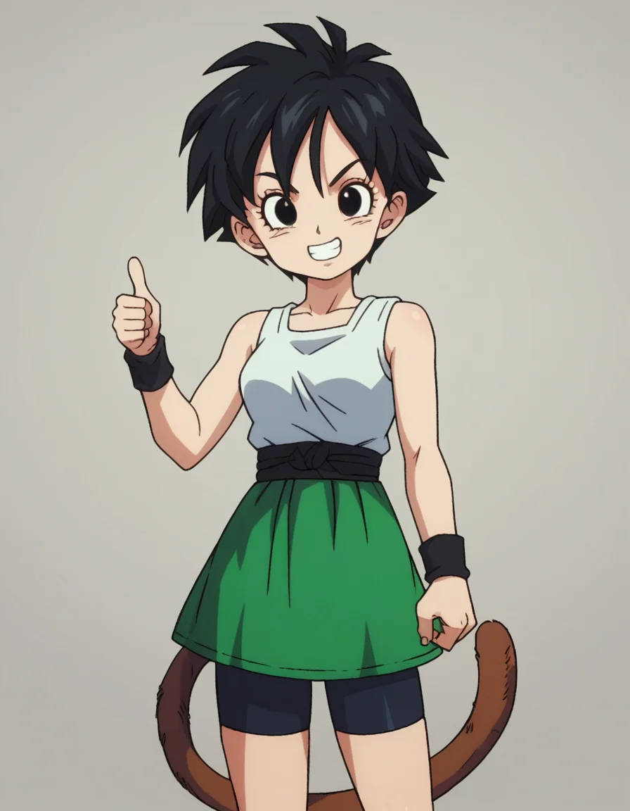 zPDXL, score_9, score_8_up, score_7_up, score_6_up, score_5_up, source_anime, 4k, absurdres, 1girl, solo
<lora:Broly_v1:0.8> dbsb, green dougi, bike shorts, black wristband, grin, thumbs up, black sash, sleeveless shirt, green skirt,, <lora:Parsleah_v1:0.7> parsleahbase, black hair, short hair, black eyes, (monkey tail), small breasts, brown tail,