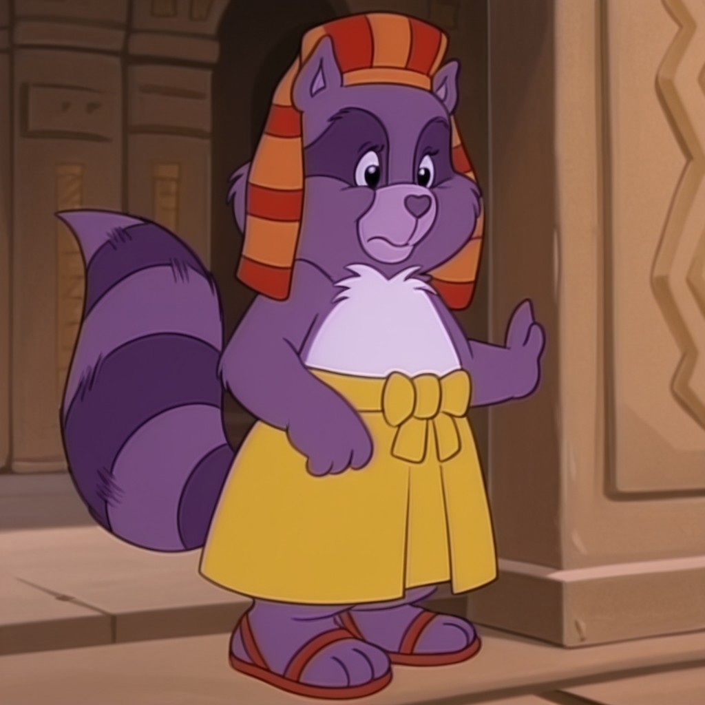 masterpiece, best quality, amazing quality,  brighthrtilv2, semi-anthro, male, raccoon_boy, purple fur, black eyes, tail, red-and_orange striped headdress, yellow skirt, red sandals, Egyptian background