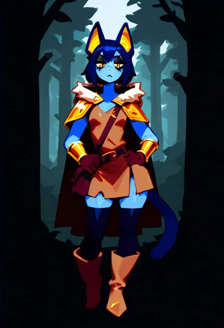 <lora:AshFondue_Illustrious_v8:0.9>, no lineart, 
blue cat ears, blue cat tail, (blue skin: 1.4), colored skin, yellow eyes, cat pupils, dark blue hair, medium hair, bobcut, doll joints, bored, jitome, black eyeshadow, flat breasts, medium hips, short, dark blue ears, dark blue tail, gold inner ear, gold details,  thief cloak, fur trim, long sleeve tunic, belt, purse, black leggings, boots, long gloves, long boots, skirt, dirty clothes, dark clothing, brown and black clothes, thick clothes, bracers, rogue, thief, fantasy, woods, hood down, thick gloves, gold forearm bracers,
BREAK masterpiece, best quality, detailed background,