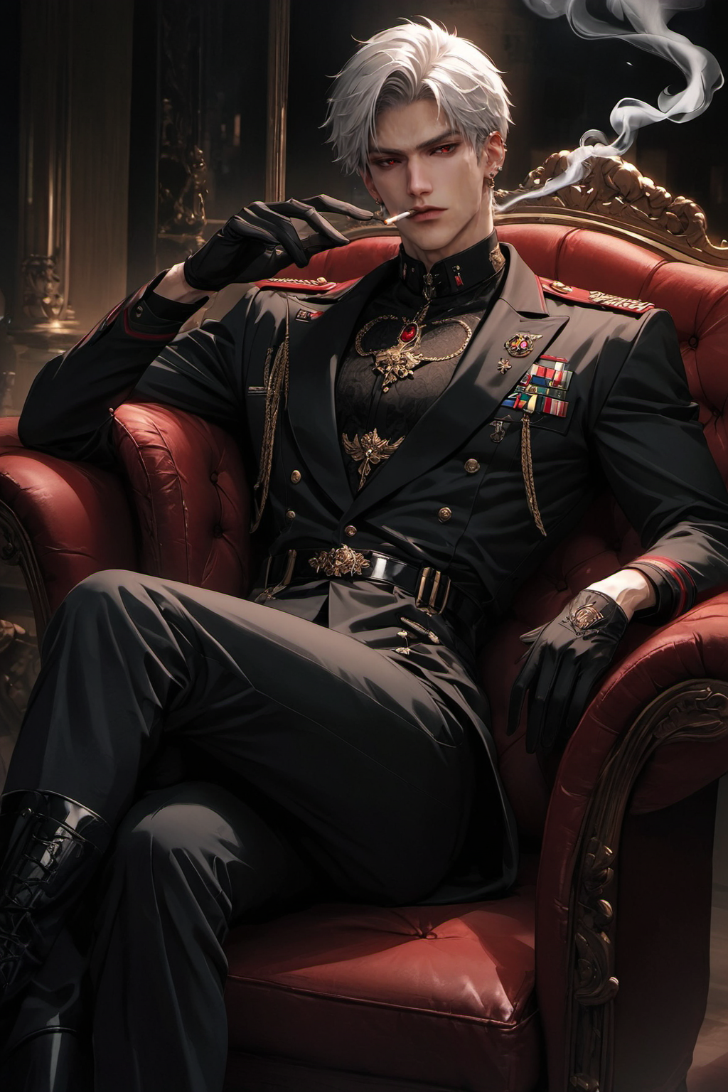 ,1man,white hair,short hair,red eyes,score_9,score_8_up,score_7_up,source_anime BREAK masterpiece,jewelry,earrings,ear piercing,manly,seductive look,white skin,narrow pupils,thirty years old,upper_body,black military uniform,black gloves,black long boots,formal military uniform,lounging,dark theme,smoking,crossed_legs,<lora:qinche:1.2>