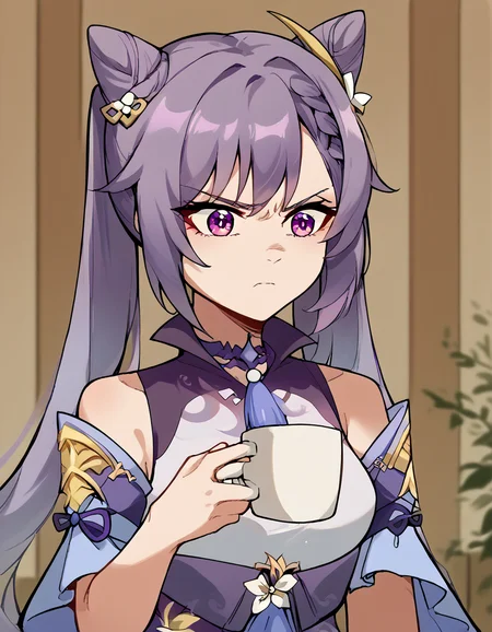 score_9, score_8_up, score_7_up, source_anime, <lora:genshin-keqing-ponyxl-lora-nochekaiser:1>, keqing, braid, cone hair bun, hair bun, hair ornament, long hair, purple eyes, purple hair, medium breasts, <lora:shinji-holding-a-mug-ponyxl-lora-nochekaiser:1>, shinji holding a mug, holding, cup, frown, holding cup, mug, indoors, solo, ,