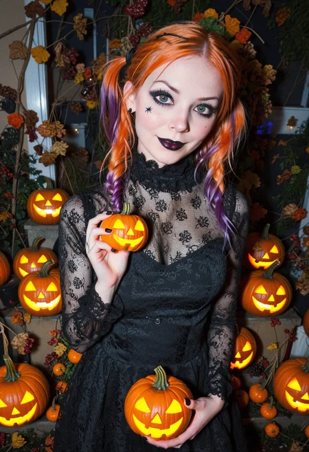 Spooky autumn scene featuring a young Caucasian woman with vibrant red pigtails. She stands in a suburban garden, surrounded by an array of carved jack-o'-lanterns glowing softly in the evening dark. Her goth makeup, with dark eyeliner and deep purple lipstick, contrasts strikingly with her fair skin and green eyes. Dressed in a black lace dress layered over a fitted turtleneck, she exudes a playful yet mysterious vibe. The golden hues of autumn leaves swirl around her as she playfully poses smiling, while presenting the world's smallest and cutest jack-o'-lantern ever created, sitting on the palm of her hand with a small light inside, capturing the essence of Halloween in a whimsical and enchanting atmosphere. Highly detailed, film grain. <lora:dmd2_sdxl_4step_lora> <lora:xl_EuroBabeXL-v4>