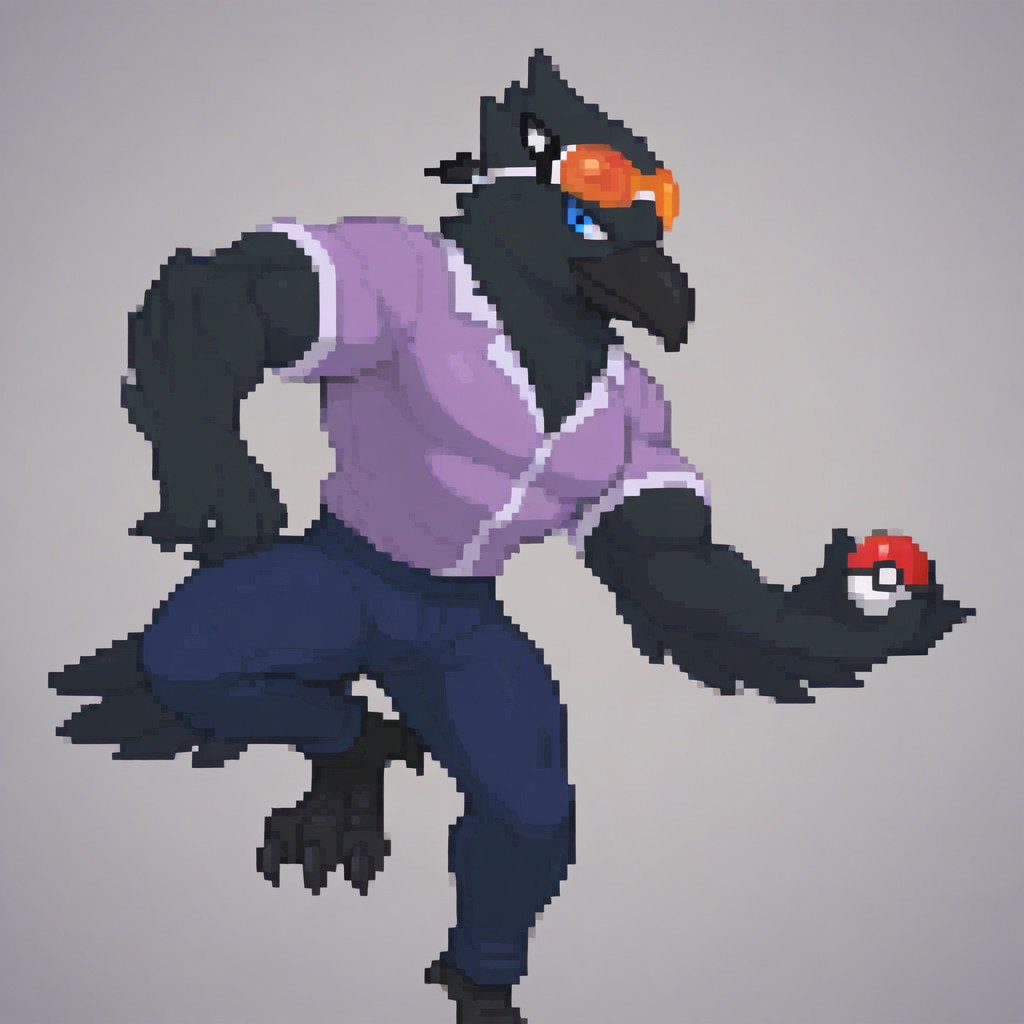 Crow, purple shirt, dark blue pants, Muscles Hyper Buff, blue eyes, feathers, black feather, black beak, talons, black talons, left arm out, right arm tucked, left leg forward, right leg behind, pokeball in left hand, orange goggles on head