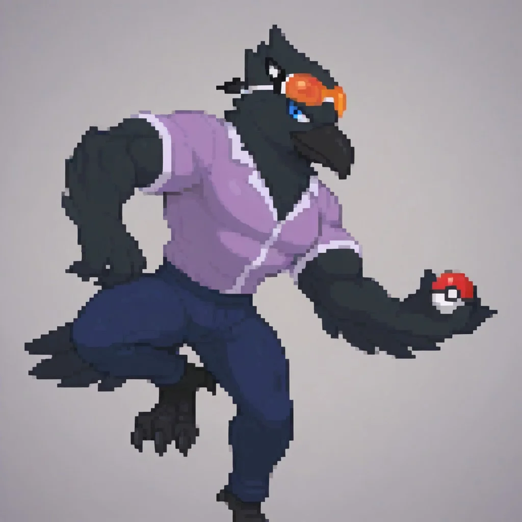 Crow, purple shirt, dark blue pants, Muscles Hyper Buff, blue eyes, feathers, black feather, black beak, talons, black talons, left arm out, right arm tucked, left leg forward, right leg behind, pokeball in left hand, orange goggles on head