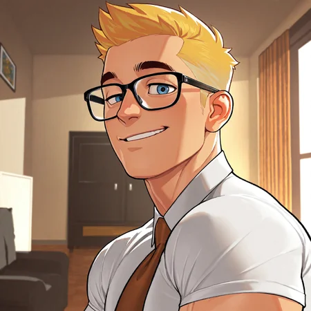 masterpiece, best quality, absurdres, newest, perfect quality, best quality, absolutely eye-catching, detailed background, intricate details, bara, 1boy, male, male focus, solo, yellow hair, short hair, white shirt, button-up shirt, short sleeves, brown tie, bara, muscular, large pectorals, large biceps, mature, glasses, looking at viewer, face close-up, portrait, looking at viewer, side view, smile, living room scenery, very awa, best quality, absurdres, newest, perfect quality, detailed background, intricate details, (artist:rokudenashi:0.8), (artist:dizdoodz:0.7), (artist:gomtang:0.6)
