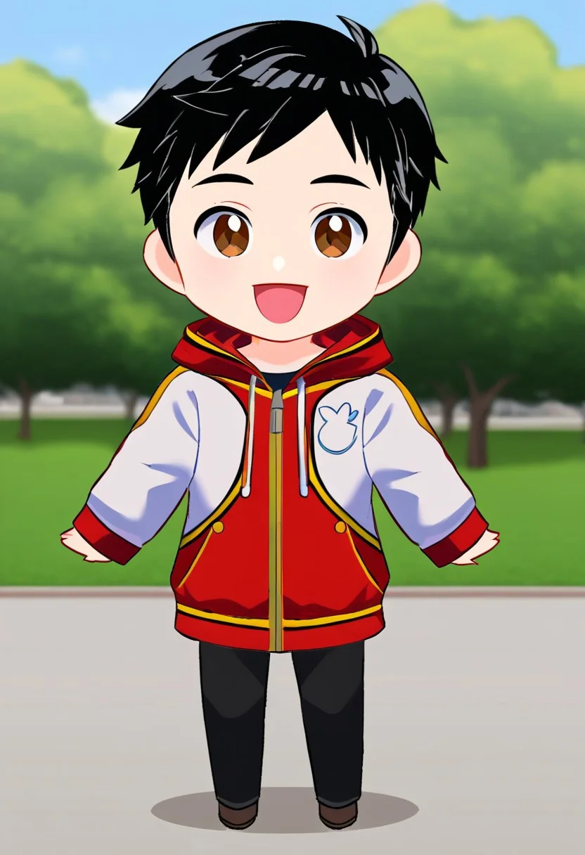 harmard, black hair, short hair, brown eyes, 1boy, (solo:1.20), solo focus, red_white_jacket, black pants, at park, chibi style, chibi, happy expression