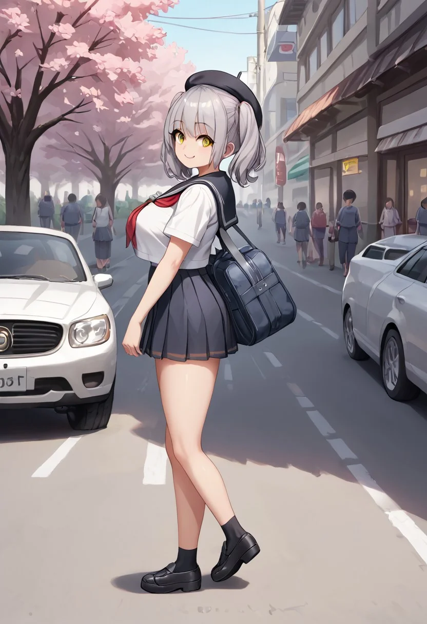 score_9, score_8_up, score_7_up, BREAK source_anime, multiple girls walking on the street, belorta, gray hair, twintails, shorthair, yellow eyes, big breast,
school uniform, sailor fuku, beret, school bag, wearing school bag, smile, walking, school background, street, cherry blossom, looking away, from side view, cars, garbage truck,