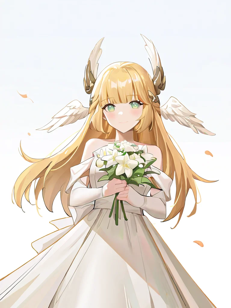 1girl,solo,looking at viewer,mijiale,simple background,white background,green eyes,blonde hair,head wings,white dress,looking at viewer,,holding,holding_flower,wedding_dress,smile,<lora:mijiale-000014:0.8>, masterpiece, best quality, very aesthetic, absurdres,newest, incredibly absurdres,