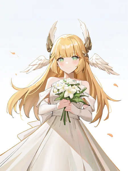 1girl,solo,looking at viewer,mijiale,simple background,white background,green eyes,blonde hair,head wings,white dress,looking at viewer,,holding,holding_flower,wedding_dress,smile,<lora:mijiale-000014:0.8>, masterpiece, best quality, very aesthetic, absurdres,newest, incredibly absurdres,